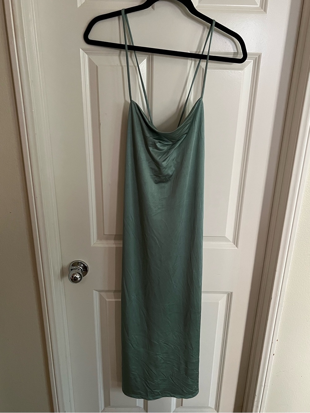 Zara Sage Green Satin Cowl-Front Midi Slip Dress